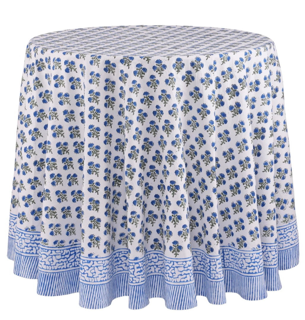 ATOSII Gulbahar Blue 100% Cotton Fall Round Tablecloth, Handblock Print Floral Table Cloth for Kitchen Dining Linen I Thanksgiving, Christmas, Weddings, Outdoors, Parties I 90" Inches Diameter