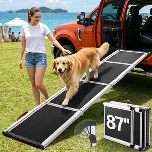 87" Extra Long Dog Ramp for Pickup Truck, 17" Wide Aluminum Alloy Foldable Pet Car Ramp for Large Dogs 200 lbs, Upgraded 90 Ratchet-Adjustable Head, Anti-Slip Portable Dog Ramp for SUV Side Door