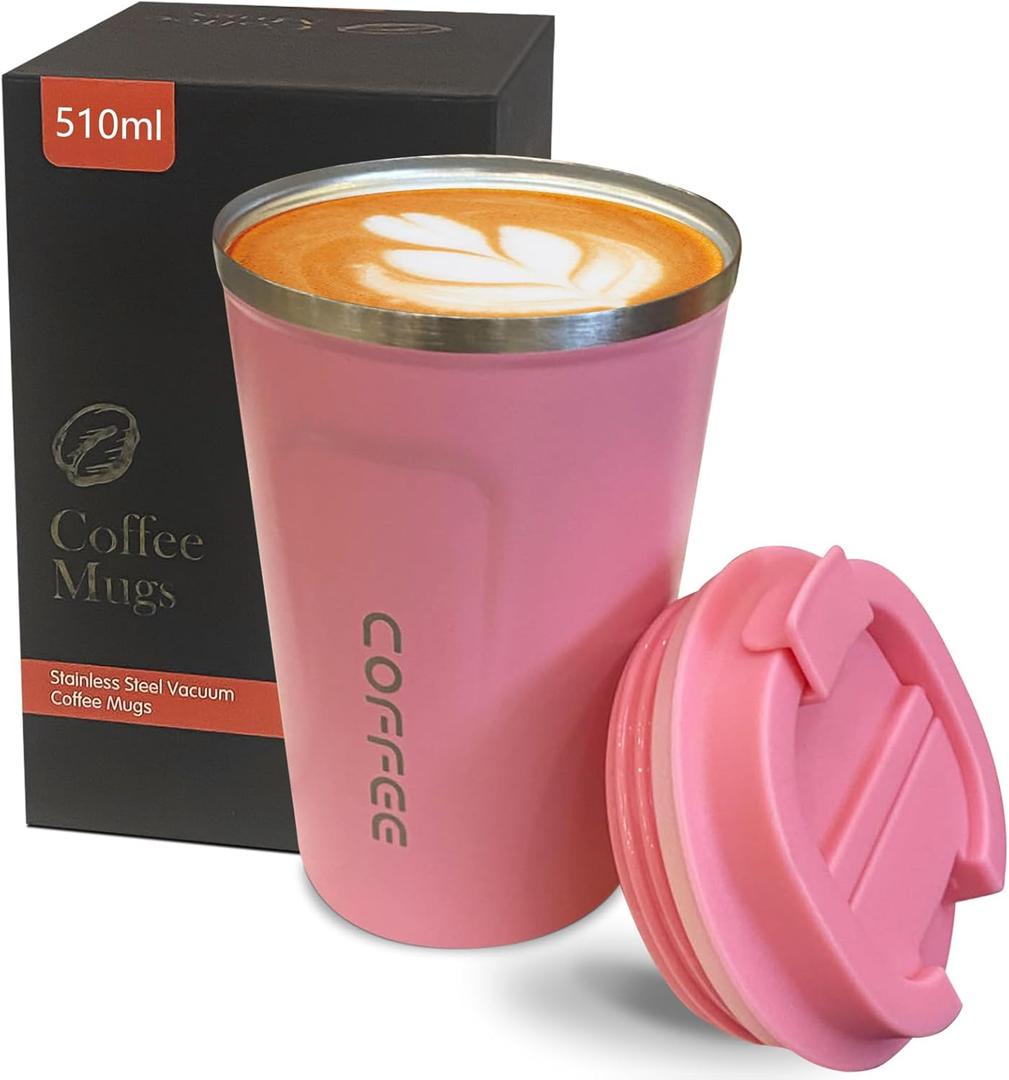 YINBAOGE Insulated Travel Coffee Mug, Spill & Leak Proof, Portable To Go Camping Stainless Steel Coffee Tumbler, Reusable Thermal Coffee Cup with Lid for Hot & Cold Drinks (2nd-Pink, 17 OZ)