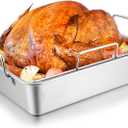 Roasting Pan with Rack for Turkey Chicken, Joyfair Stainless Steel Roaster Pan and V-rack for Toaster Oven, Rectangular Bakeware with Sturdy Handles, Heavy Duty & Dishwasher Safe (Large)