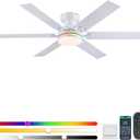 Goniyado 52" RGB Ceiling Fans with Lights and Remote,White Low Profile Ceiling Fans with Quiet Reversible DC Motor, Modern Flush Mount Ceiling Fans for Kids Room Bedroom (6 blades White+Maple RGB)