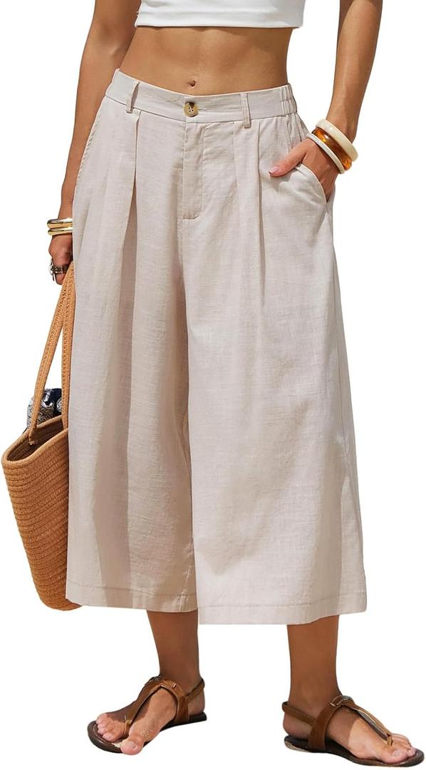 EXLURA Womens Linen Capri Pants Summer Wide Leg Palazzo Pant Cotton Dressy Casual Cropped Gaucho Pant Culottes with Pockets L