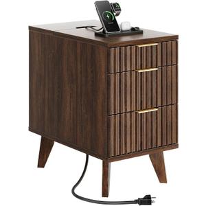 13" W Fluted Narrow End Table with 3 Drawers(Dark Walnut), 23.6"D x 13.4"W x 23.6"H