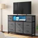 DUMOS TV Stand Dresser with 8 Fabric Drawers and Open Shelves, LED Entertainment Center with Charging Station, Wood Top Media Console for 45-55 inch, Bedroom, Grey, 47.24"D x 11.81"W x 31.5"H
