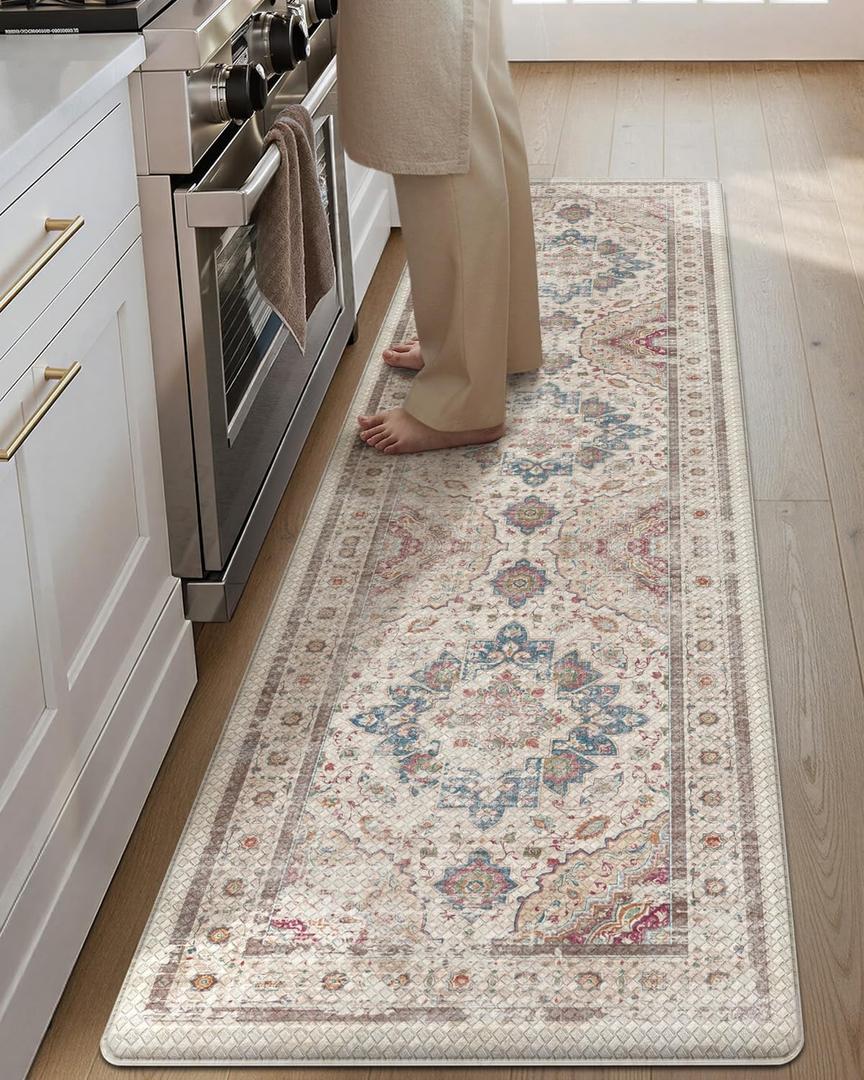Color&Geometry Kitchen Floor Mats Anti Fatigue, Cushioned Boho Rugs,Waterproof Non Slip Kitchen Runner for Sink, Standing Mats for Office,24"x87",Oatmeal