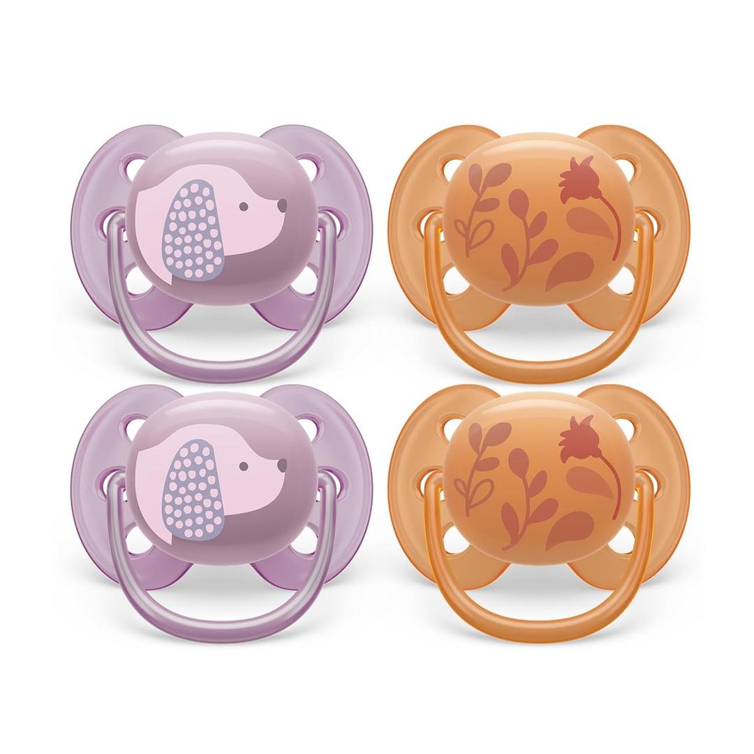 Philips Avent Ultra Soft Pacifier - 4 x Soft and Flexible Baby Pacifiers for Babies Aged 6-18 Months, BPA Free with Sterilizer Carry Case, SCF091/30