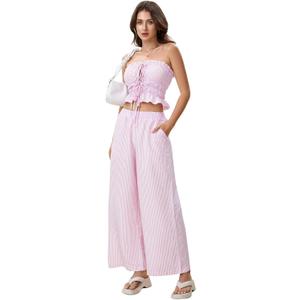 WDIRARA Women's Striped 2 Piece Pants Set Strapless Tie Bandeau Wide Leg Pants Outfits (Pink, XL)