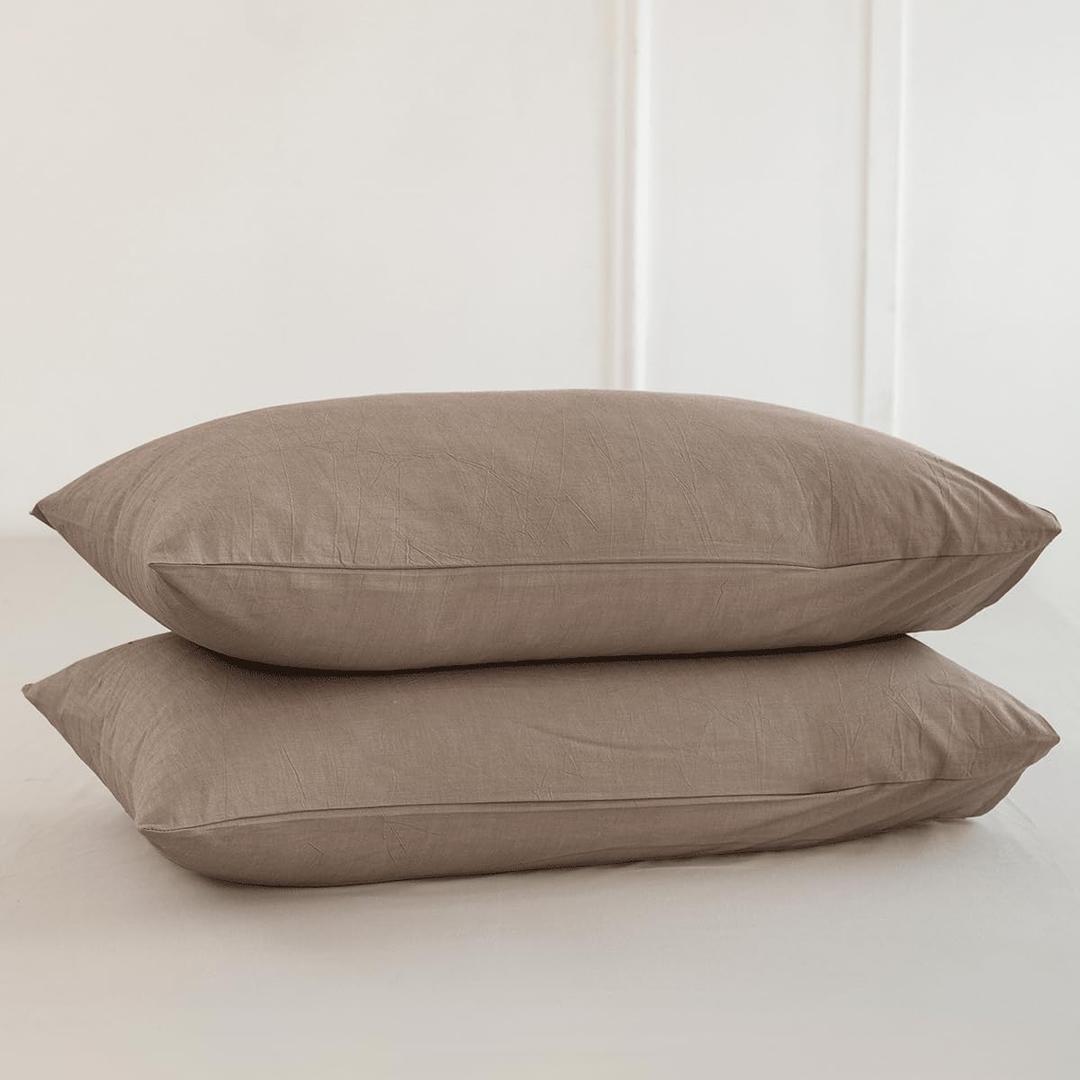 MooMee Bedding Pillowcases Pack of 2 100% Washed Cotton Linen Like Textured Breathable Durable Soft Comfy (Solid Brown, King)