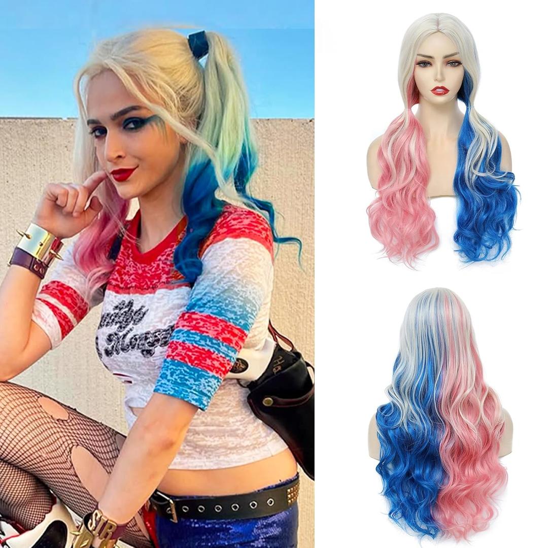 Pink and Blue Wig Cosplay Wigs for Women Long Curly Middle Part 26 Inch Heat Resistant Synthetic Wig for Halloween Costume Party Use