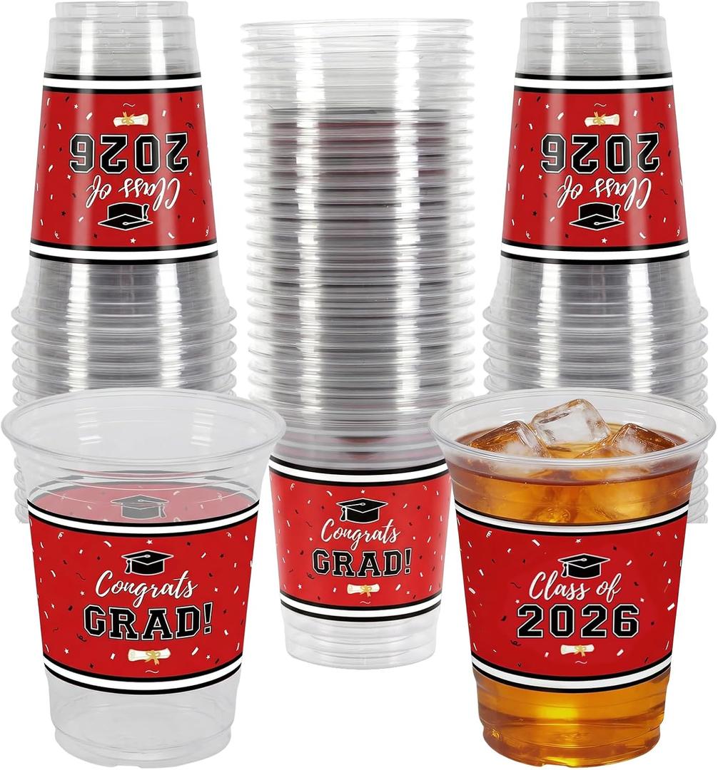Labrostar 50Pcs Graduation Decorations 2026 Disposable Graduation Cups Congrats Grad Class of 2026 Decorations Graduation Party Supplies 16oz Red