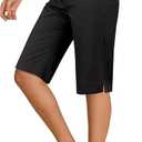 luvamia Bermuda Shorts for Women Knee Length High Waisted Side Split Elastic Waist Summer Dressy Casual Long Chino Shorts (Small, Black)