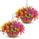 Geegoods 2 Pack Artificial Hanging Flowers for Outdoors, 24 Pcs UV Resistant Faux Mums Flowers with 2 Hanging Baskets, Fake Hanging Plants for Front Porch, Patio, Balcony, Yard and Garden Decor