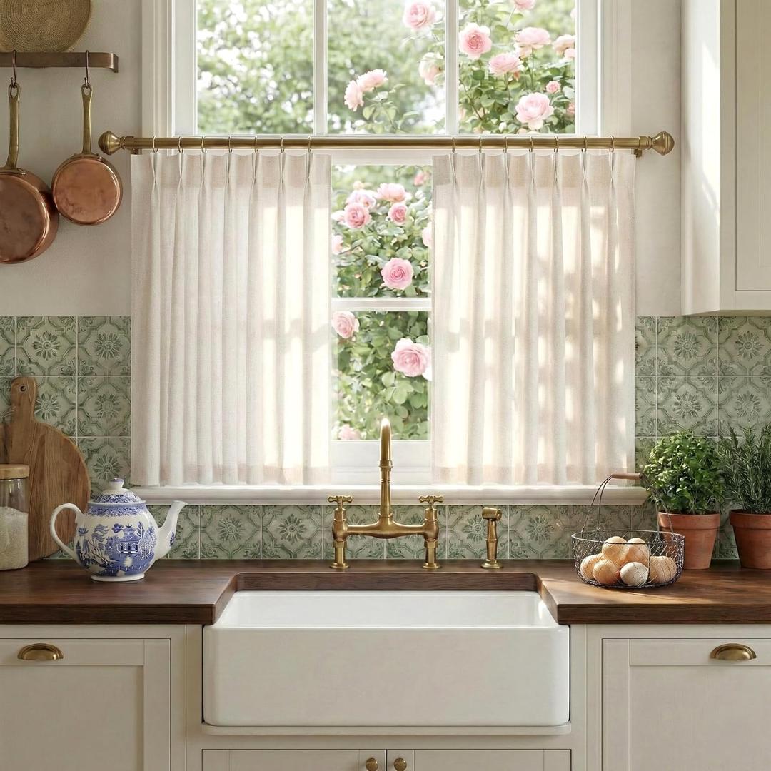 NICETOWN Natural Pinch Pleated Linen Kitchen Curtains 36 Inches Long, 2 Panels Set Farmhouse Light Filtering Short Curtains for Cafe Bar Living Room Bedroom Window, 40" W x 36" L