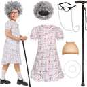 Old Lady Costume for Kids Girls 100 Days of School Costume with Accessories, Halloween Party Dress Up (9-10 Years, Pink)