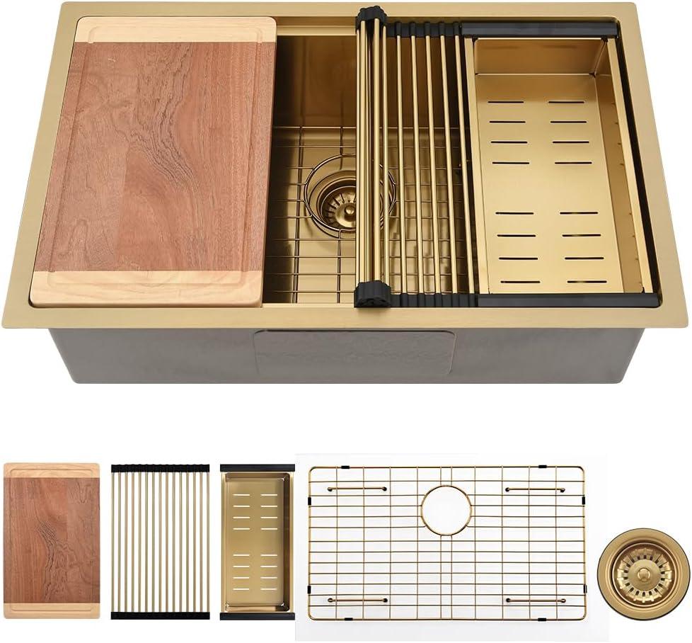 27 Inch Gold Undermount Kitchen Sink Workstation-VASOYO 27x19 Undermount Sinks 16 Gauge Stainless Steel Brushed Gold Single Bowl Deep Kitchen Sink with Cutting Board