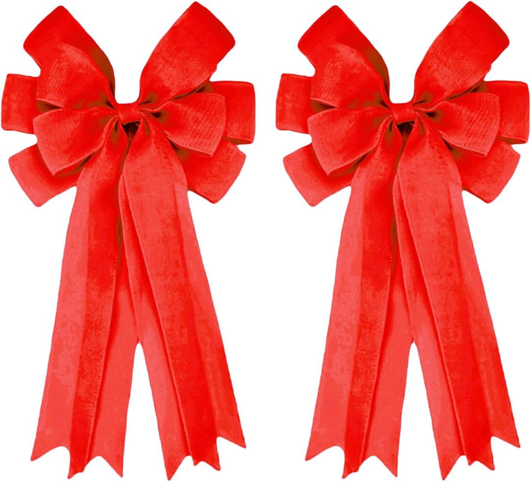 Double Pack 20X10 Inch Oversized Red Burlap Bows Farmhouse Christmas Tree Topper & All-Weather Wreaths Decor, Heavy Duty Gift Wrapping Accents for Front Door/Cabinet (Red)