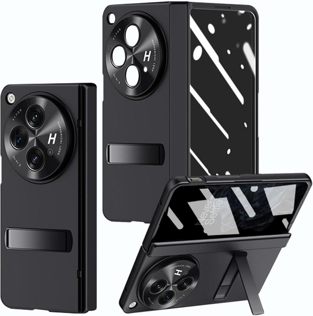 for OnePlus Open Case with Privacy Screen Protector, All-Inclusive Phone Case with Hinge Protection Screen Protector Scratch-Resistant Kickstand Hard PC Protective Cover for OnePlus Open Black