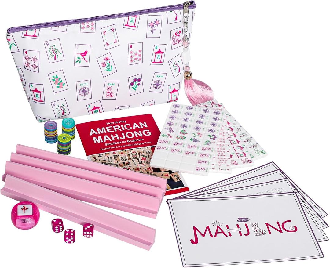 Mini Mahjong Set, American Mahjong Game Set with 160 Acrylic Tiles (0.94), 4 Pink Racks & Thickened White Carrying Bag and Accessories, Portable Travel Mahjong Tiles Set