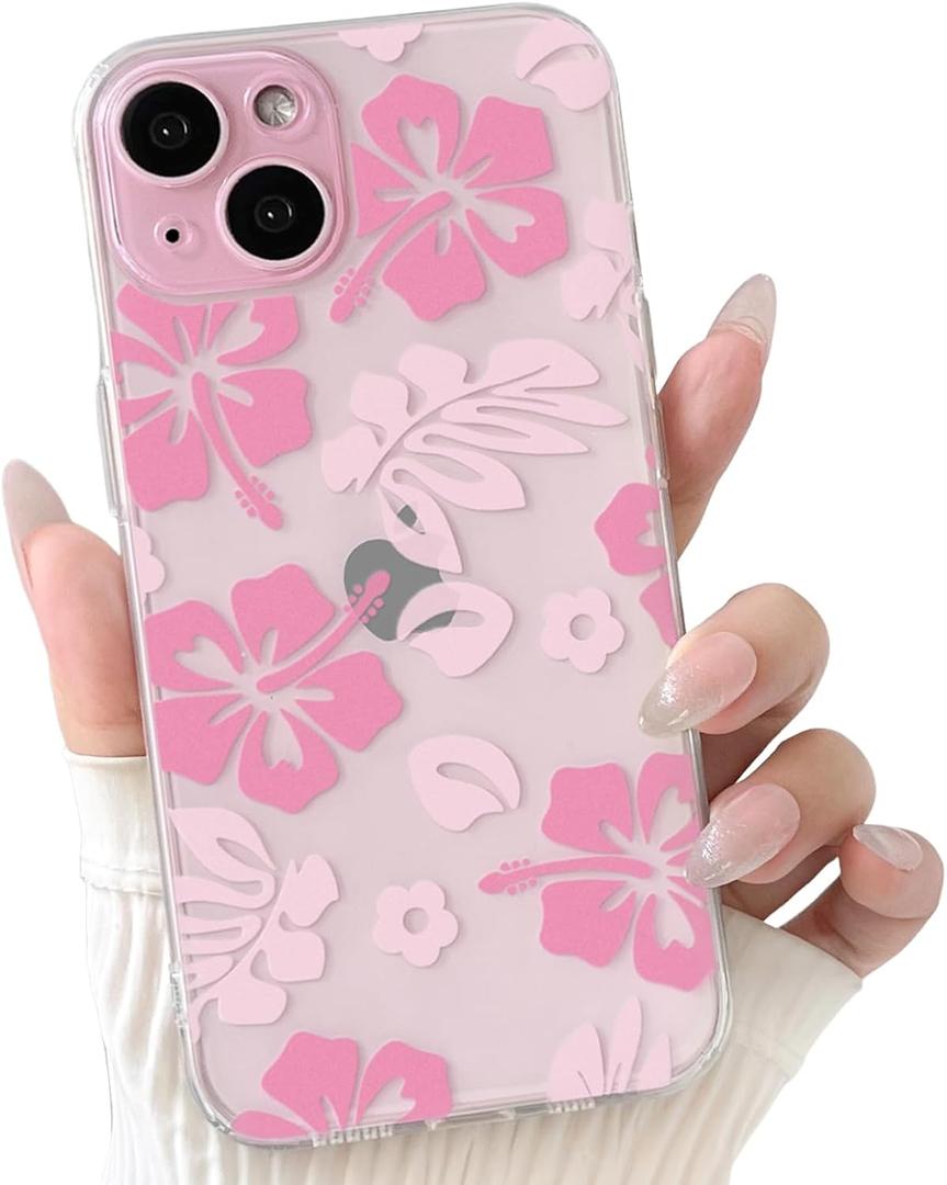 NITITOP Compatible with iPhone 15 Plus Case Clear Cute Aesthetic Floral Flower Hibiscus Pattern for Girls Women Soft TPU Full Camera Lens Shockproof Protective Phone Cover - Pink2