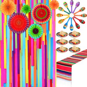 Poen 33 Pcs Mexican Decorations Includes 12 Wooden Fiesta Maracas, 6 Sombrero Party Hats, Fiesta Backdrop, Table Runner, Paper Fans Cinco De Mayo Party Decorations Set