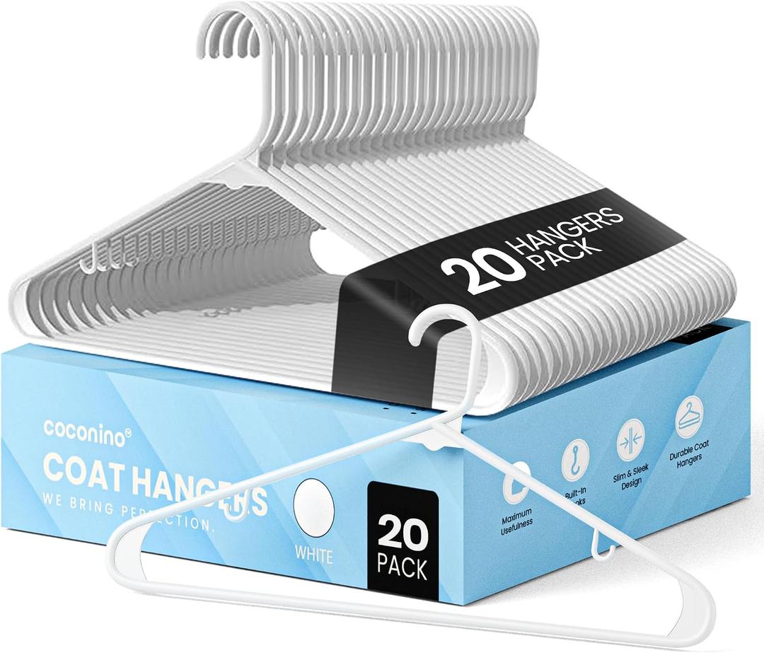 coconino Plastic Hangers 20 Pack - Non-Slip Clothes Hangers with Built-in Hooks - Heavy Duty Space Saving Coat Hangers for Closet - Durable Clothing Hanger for Shirts, Pants, Dress, Coats - White