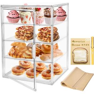 Pastry Display Case,Large Bakery Cookie Display Stand for Kitchen Countertop,4 Layers Adjustable Clear Bread Storage with Magnetic Door Bread Box and Cupcake Kitchen Counter 15.5x11.4x9.8 Inch