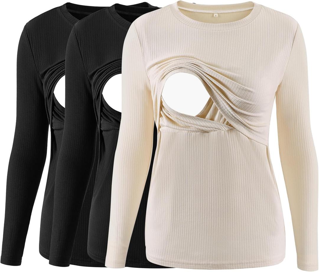 Liu & Qu Women's Nursing Tops Ribbed Long Sleeves Maternity Shirts Double Layer Breastfeeding Shirts Pregnancy Clothes 3 Pack (Medium, Black+black+apricot)