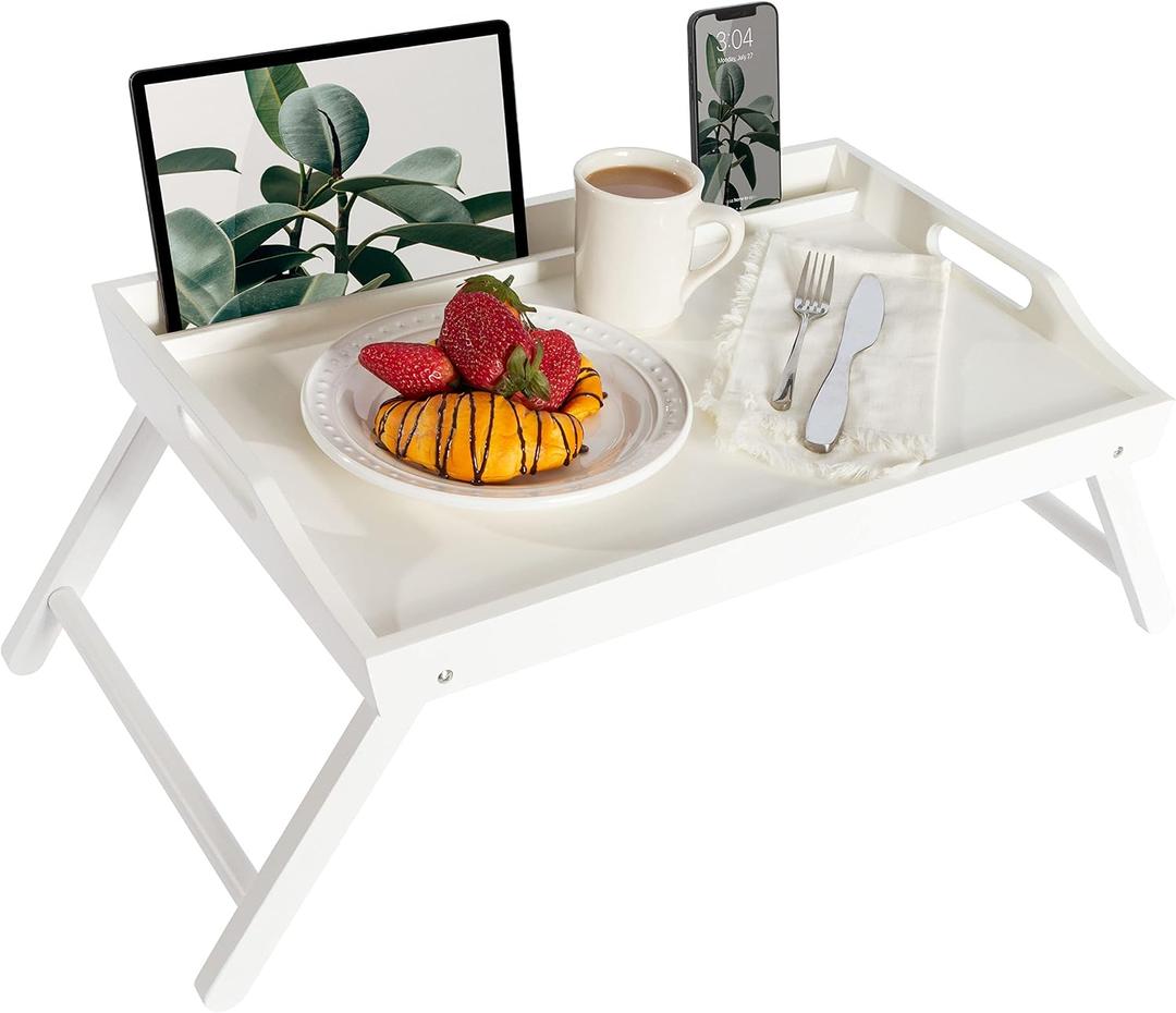 ROSSIE HOME Wood Bed Tray with Phone Holder, Extra Large Lap Desk for Laptops up to 17.3 Inches White Style No. 78104
