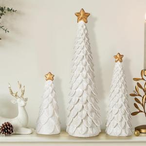 3 Pcs Christmas Tree Figurines Set Glitter Resin Tabletop Christmas Tree Decor Elegant Xmas Tabletop Centerpieces for Tables Desk Shelf Mantel Holiday Indoor Decorations(White)