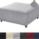 ANWUCHEN Ottoman Cover - Stretch Knitted Jacquard Square Slipcover - Soft Thick Storage Foot Stool Cover With Elastic Bottom, Medium Light Gray
