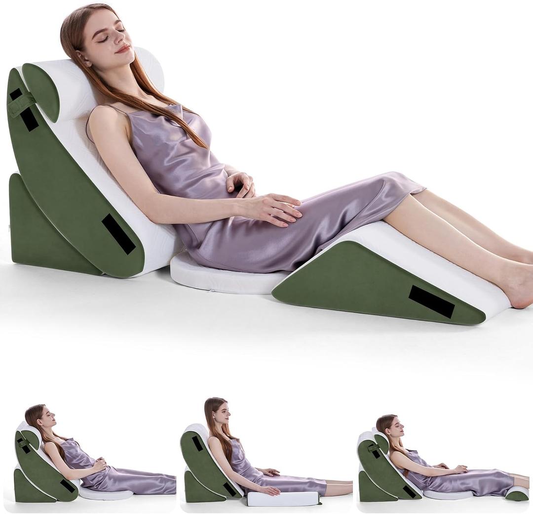 Negwoo Wedge Pillow Set for After Surgery, 5 PCS Bed Wedge Pillow for Sleeping with Seat, Memory Foam Orthopedic Back Pillow for Pain Relief and Acid Reflux, Adjustable Post Surgery Pillow Green