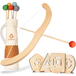 BOWRILLA Kids Bow and Arrow Set | Wooden Archery Toy for Boys & Girls Aged 3-7, Bow and Arrow for Kids | Includes 5 Arrows, 4 Targets, Cotton Quiver | Indoor & Outdoor Play