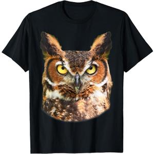 Great Horned Owl Head T-shirt Owl Lover Tee (Black)
