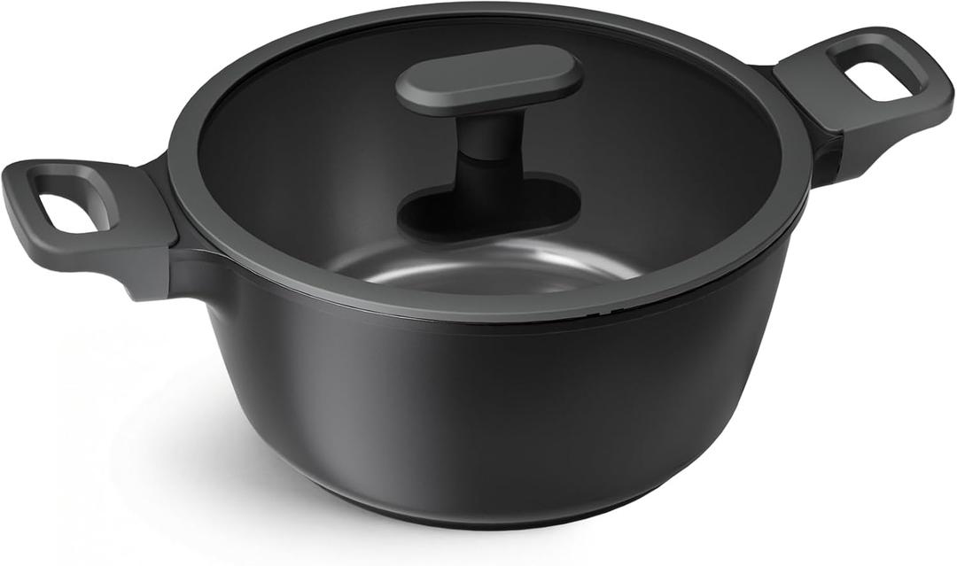PRICUSIS Nonstick Stock Pot with Silicone Rim Tempered Glass Lid, 4.5/7 QT Soup Pot Casserole, Cooking Pot, Induction Compatible, Dishwasher Safe, Ideal for Pasta & Stews, PTFE PFOA Free, Black Sesame