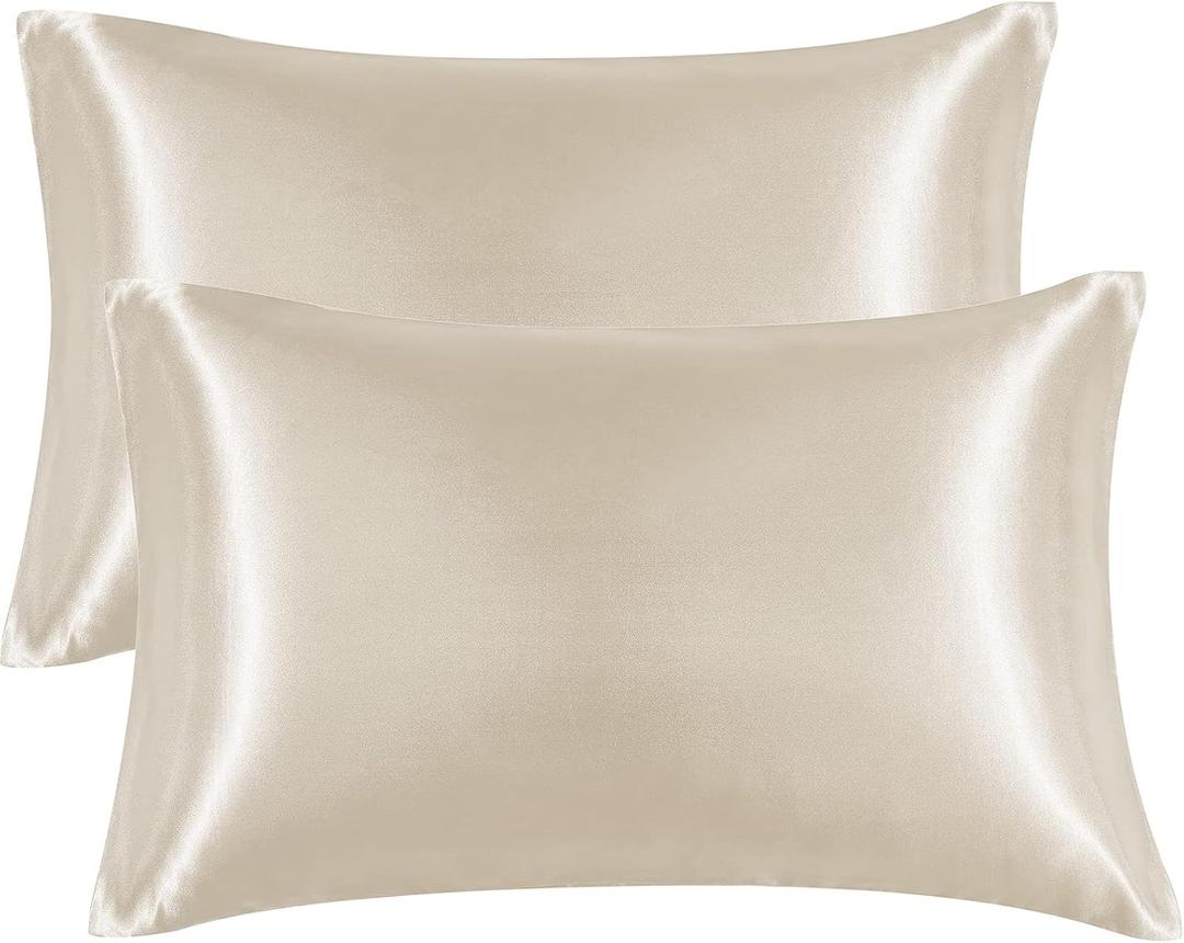EHEYCIGA Satin Pillowcase Queen Set of 2, Soft Pillowcases for Hair and Skin Similar to Silk, Beige Pillow Cases 2 Pack with Envelope Closure, 20X30 Inches