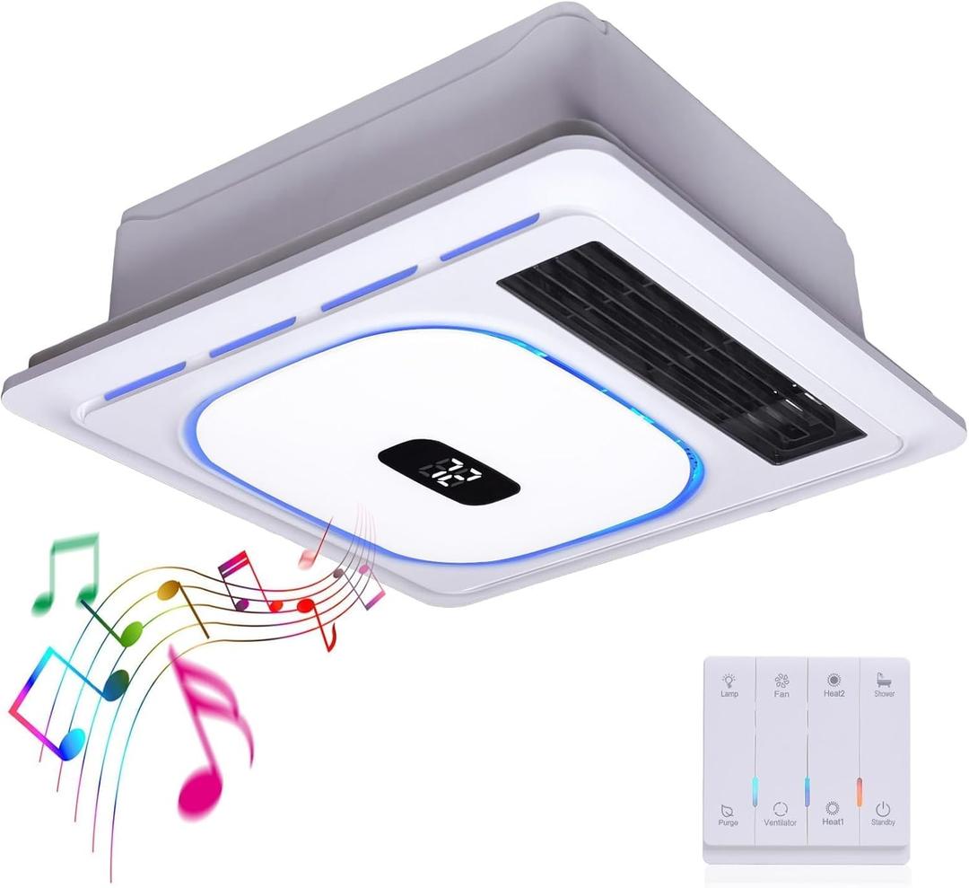 4 In1 Bathroom Exhaust Fan with Bluetooth Speaker & Heater 1800W, 180 CFM 1.0 Sone Bath room Exhaust Fan with LED Light-4 RGB Modes, Controller,Ventilation,Easy Install for Bathroom, Home
