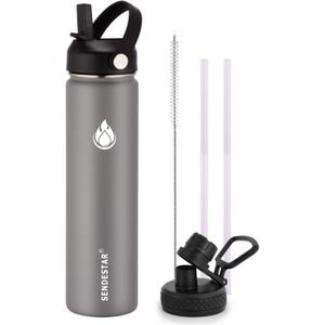 SENDESTAR Stainless Steel Water Bottle, Wide Mouth Water Bottle 24 oz with Straw Lid, Spout Lid, Double Wall Vacuum Insulated Leak Proof, Keeps Liquids Hot or Cold (Graphite)