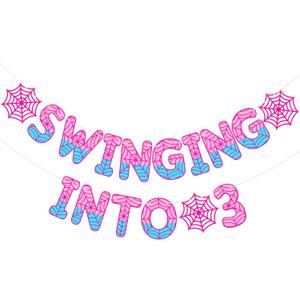 TaoBary Spider Theme 3rd Birthday Banner, Pre-strung Swinging into 3 Banner, Ghost Spider 3rd Birthday Decorations Party Supplies for Kids, Third Decor for 3 Year Old Boys Girls(Pink and Blue)