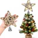 Christmas Tree Topper Rustic Christmas Tree Topper Star 6 Inch, Battery Operated Lighted Jute Rattan Star Warm White Light Christmas Tree Decoration for Small Tabletop Christmas Trees