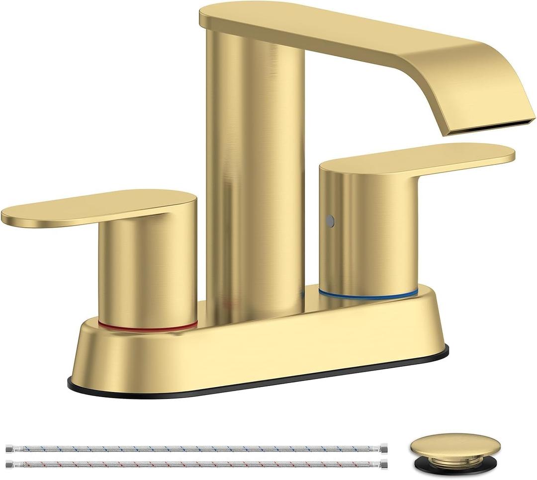 Homevacious Brushed Gold Bathroom Faucets Waterfall 4 Inch Centerset Bathroom Sink Faucet Stainless Steel with Pop up Sink Drain Stopper Supply Hose Basin Mixer Tap for Vanity RV 2 or 3 Hole Sink