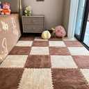 12 Pcs Plush Foam Interlocking Carpet Tiles,Soft Shaggy Fluffy Floor Area Rugs with Padding,Colorful Floor Protective Mats for Home Kids Room Playroom (Beige and Coffee, 11.8 x 11.8 x 0.39)