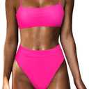 MOSHENGQI Women High Wasited Bikini Shoulder Strap 2 Piece High Cut String Swimsuits (Medium, 33 Hot Pink)