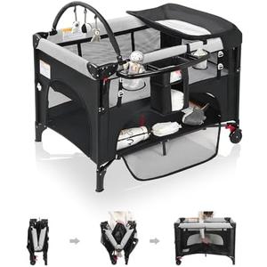 4 in 1 Baby Bassinet Bedside Crib with One-Hand Setup & Waterproof Mattress – ASTM-Certified Pack and Play, Portable Foldable Playard with Diaper Changer for Newborn to Toddler(Black)