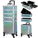 Stagiant Rolling Makeup Case Cosmetology Case on Wheels 4 in 1 Makeup Travel Case Large Cosmetic Organizer Storage with Key Swivel Wheels Nail Artist Salon Traveling Cart Trunk Watery Blue