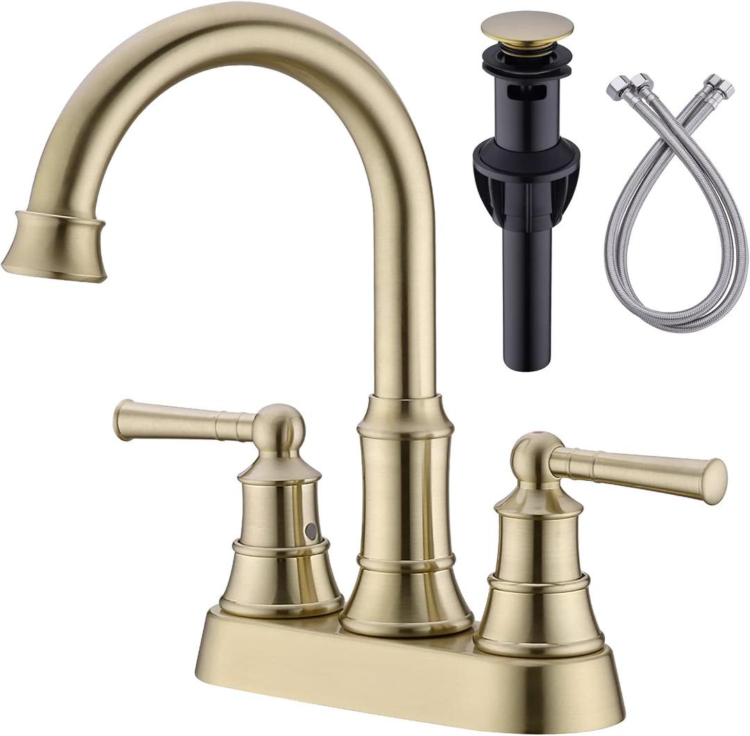 4 Inch Centerset Bathroom Faucet Brushed Gold with Overflow Sink Drain and cUPC Water Supply Lines, 2 Handle Swivel Spout 3 Hole Deck Mounte Mixer Tap