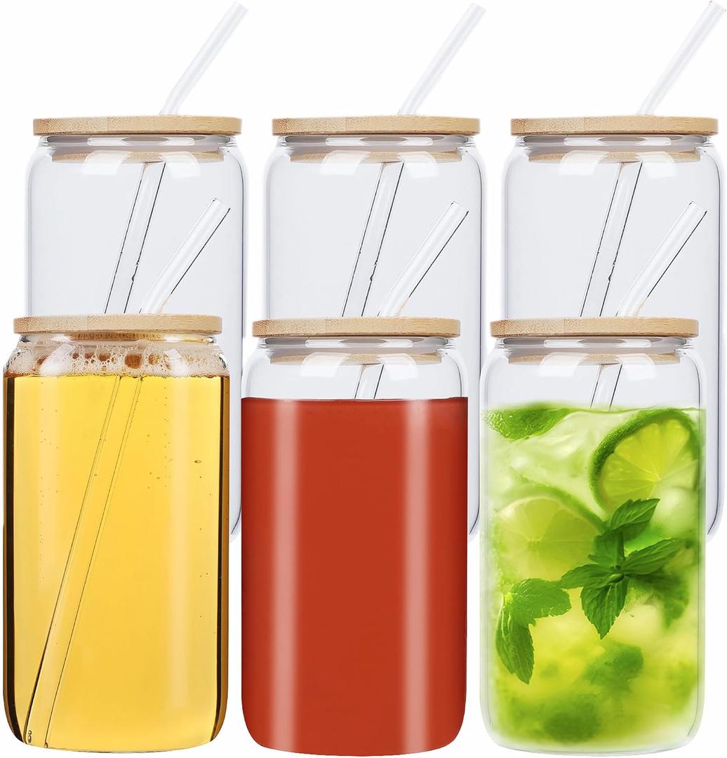 16oz Glass Cups with Bamboo Lids and Straws, Reusable Drinking Glasses Set, Classic Iced Coffee Cup for Smoothies Water Juice Beer, BPA-Free Glass Tumbler Set (16oz 6pack clear)