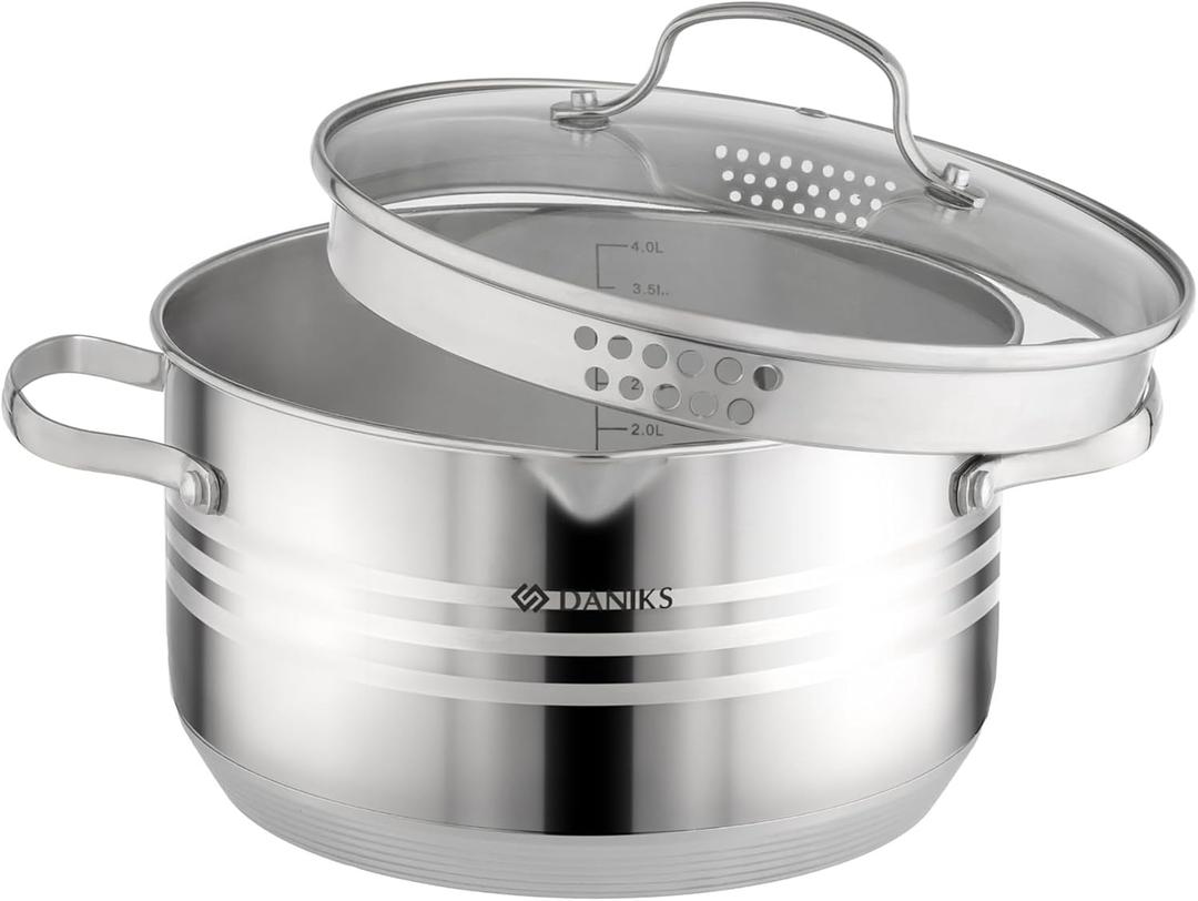Daniks Tokio Stainless Steel Stock Pot 4.5 Quart, with Glass Strainer Lid, Induction Ready, Dishwasher Safe, Measuring Scale, Silver