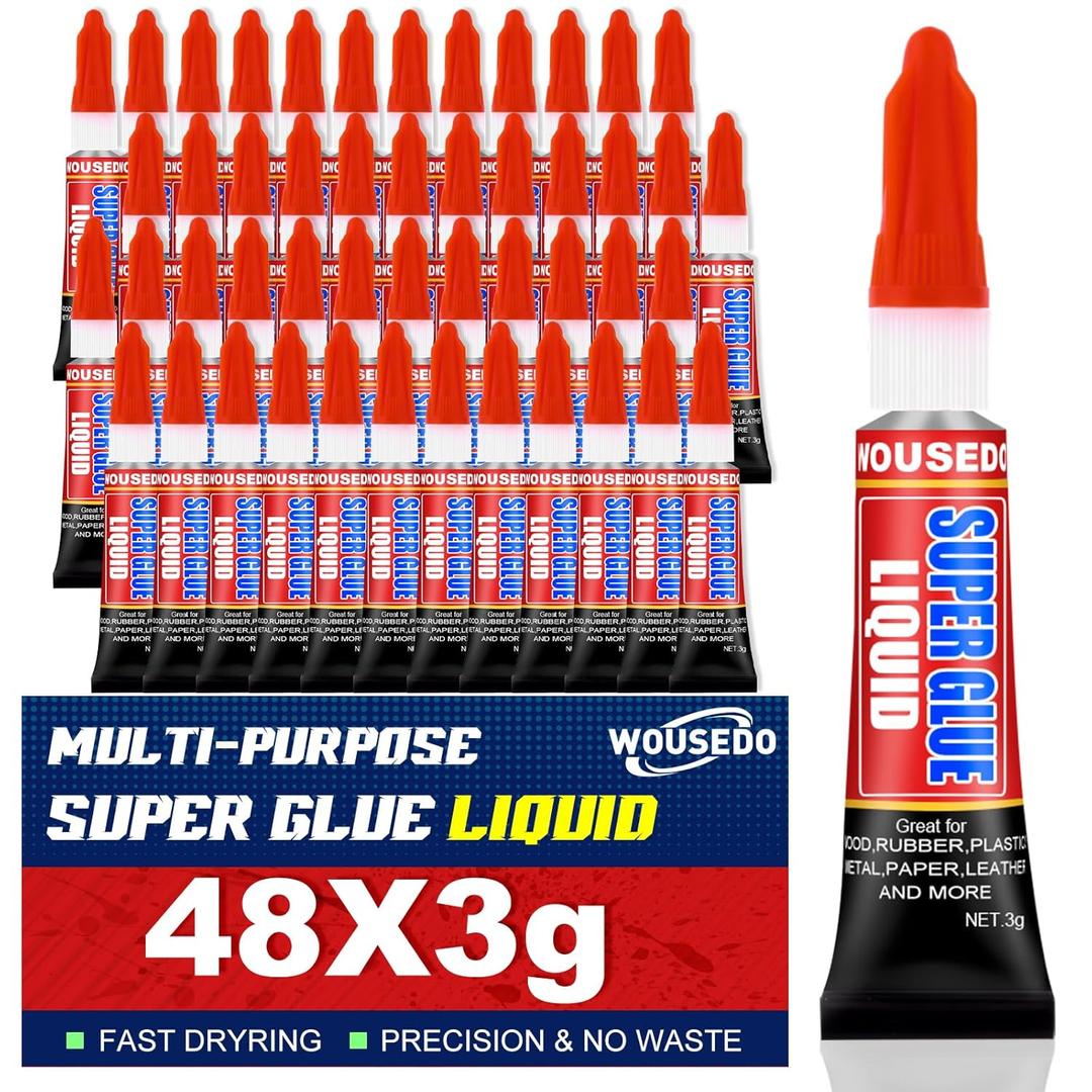 WOUSEDO 48 X 3g Super Glue Liquid, Clear Strong Adhesive,Fast Drying Cyanoacrylate Glue for Wood, Rubber, Leather, Hard Plastic, Metal, DIY Crafts and More