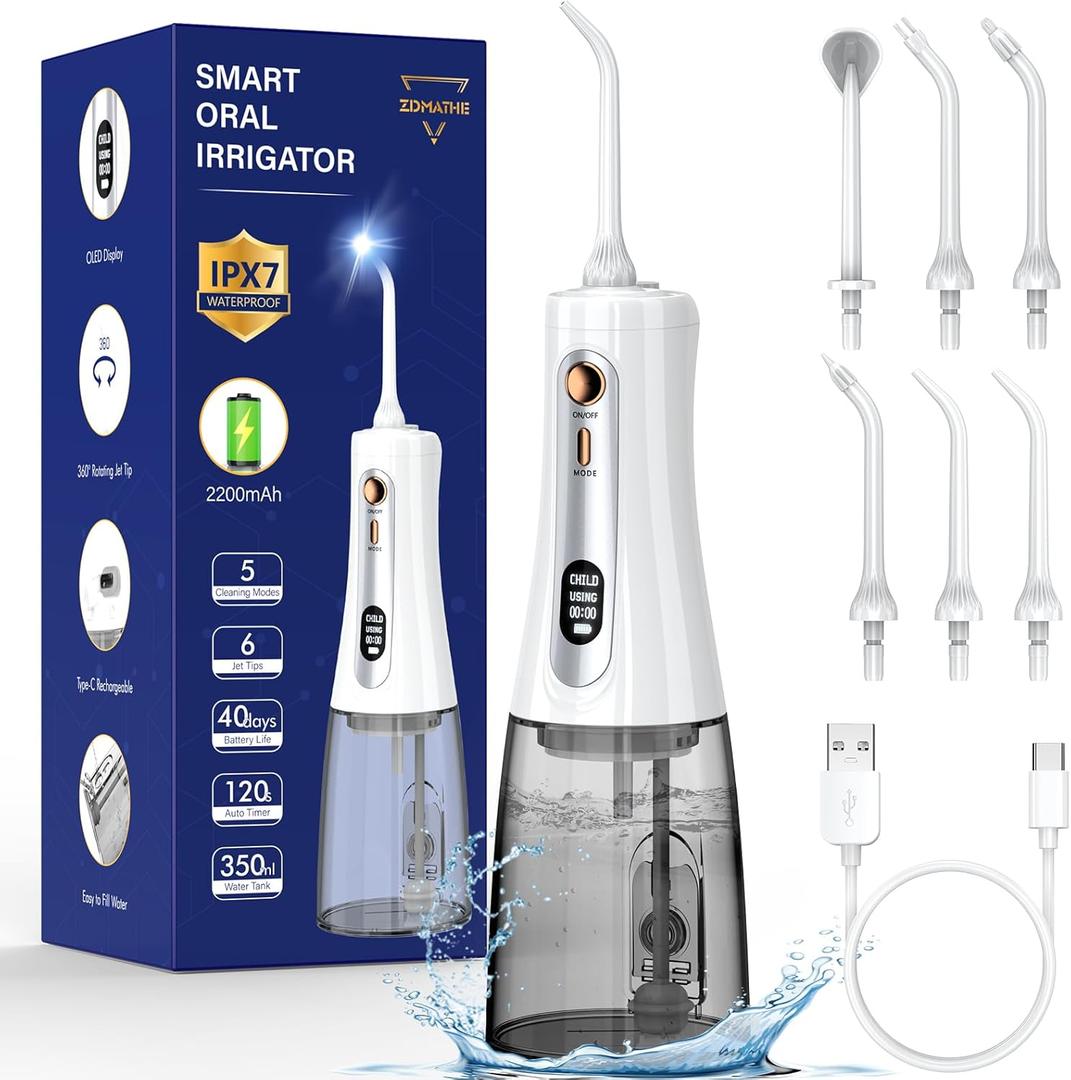 350ML Water Flossers for Teeth - OLED Display Powerful Electric Cordless Water Flosser with 5 Modes 6 Jet Tips, Portable Cordless Water Dental Flosser IPX7 Waterproof Oral Irrigator for Home Travel (White)