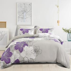 DJY 3 Pieces Duvet Cover Set King Purple Floral Pattern Comforter Cover Set Elegant Boho Lily Duvet Cover with 2 Pillow Cases Lightweight Microfiber Bedding Duvet Cover Set for All Season 90"x 104"